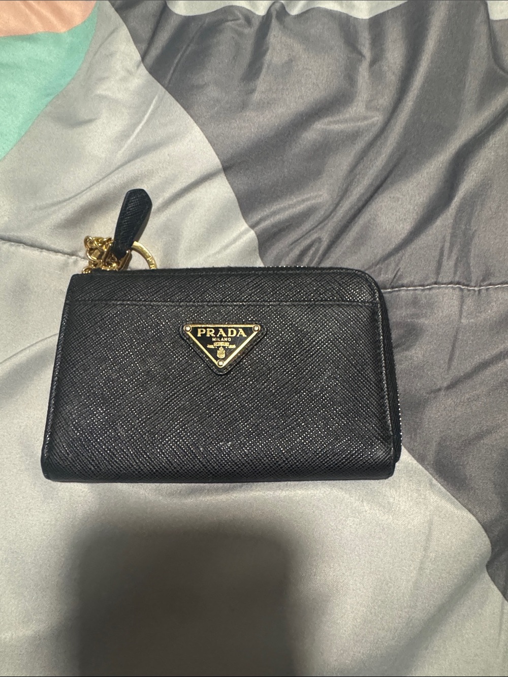 Prada Black Saffiano Leather Zip Around Wallet with Gold Triangle Logo